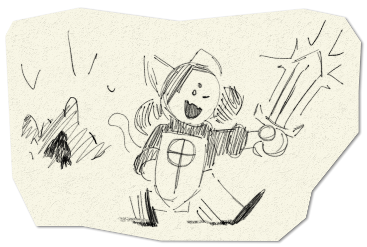 cat girl adventuring through a cave with a sword and shield. There is a monster in the distant background.